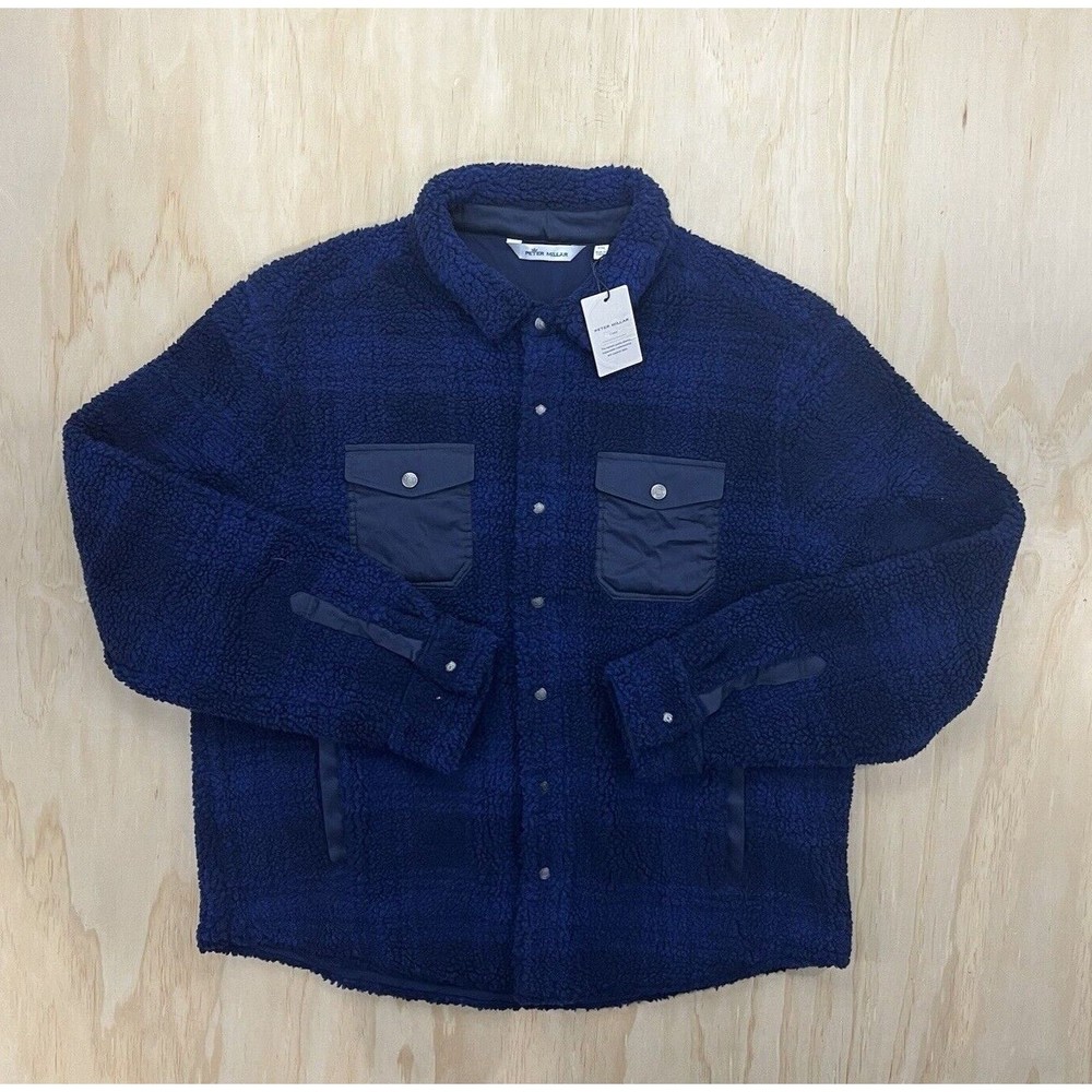 Peter Millar Jacket High Pile Fleece Mens 2XL Sherpa Stretch Shacket Plaid Blue